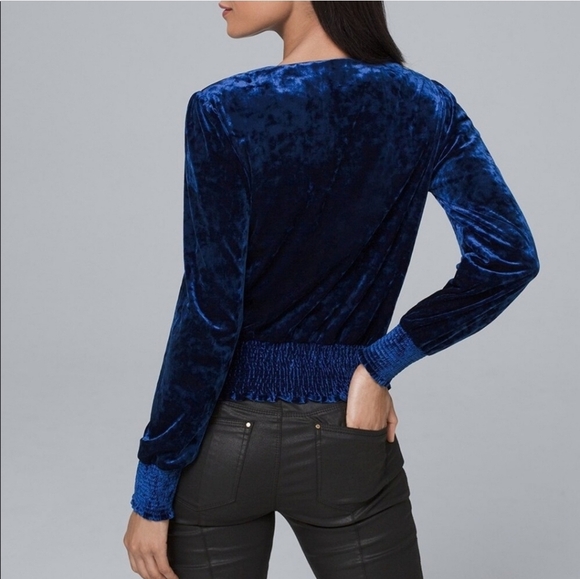 WHBM Crushed Velvet V-Neck Women's Blouse Size Medium Twilight Blue EUC - Picture 3 of 16